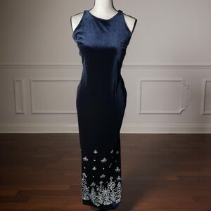 Vintage royal navy Velvet Y2K,floor length,Maxi Dress,beaded,embellished,gown